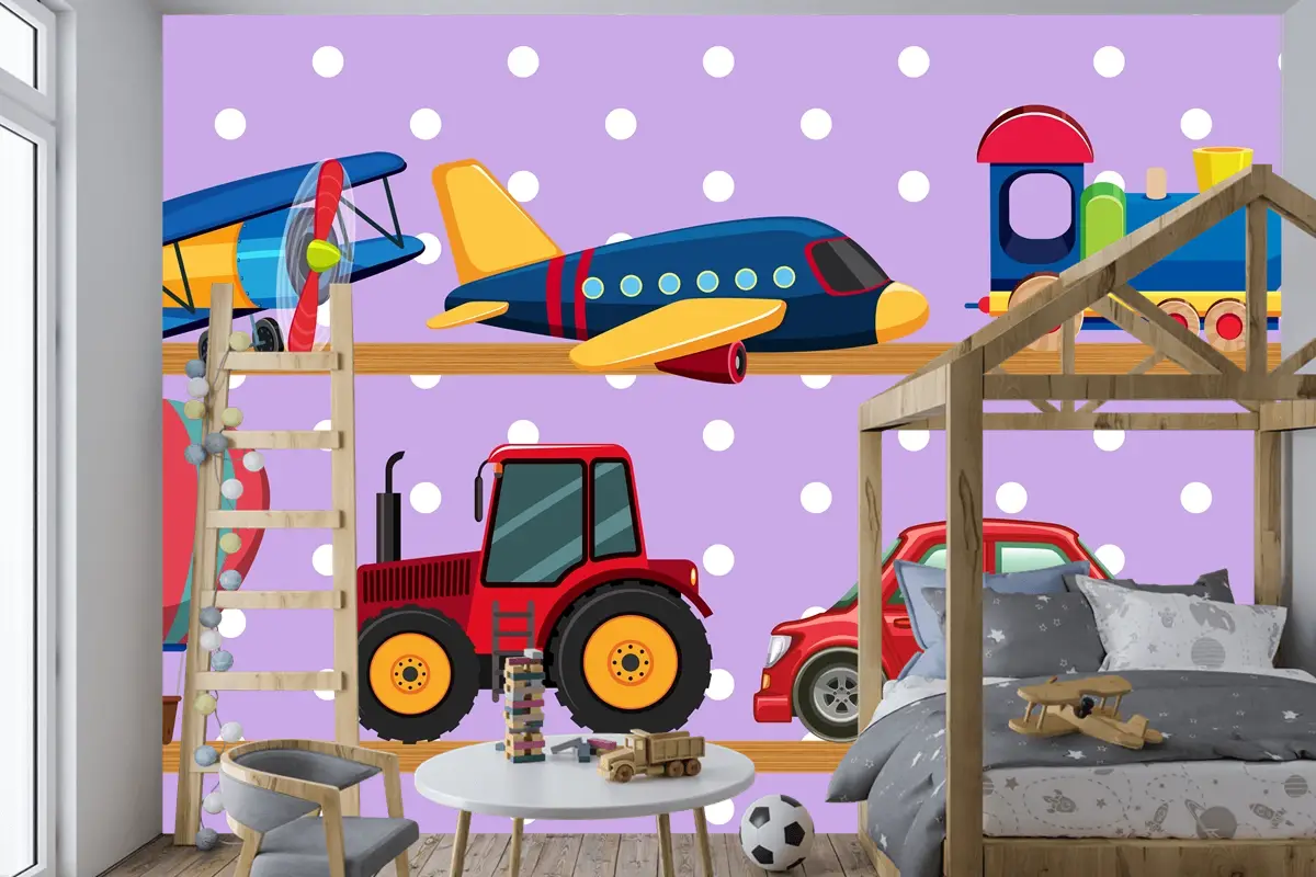 Ahşap Raflarda Birçok Taşıma Oyuncakları Çocuk Odası Duvar Kağıdı