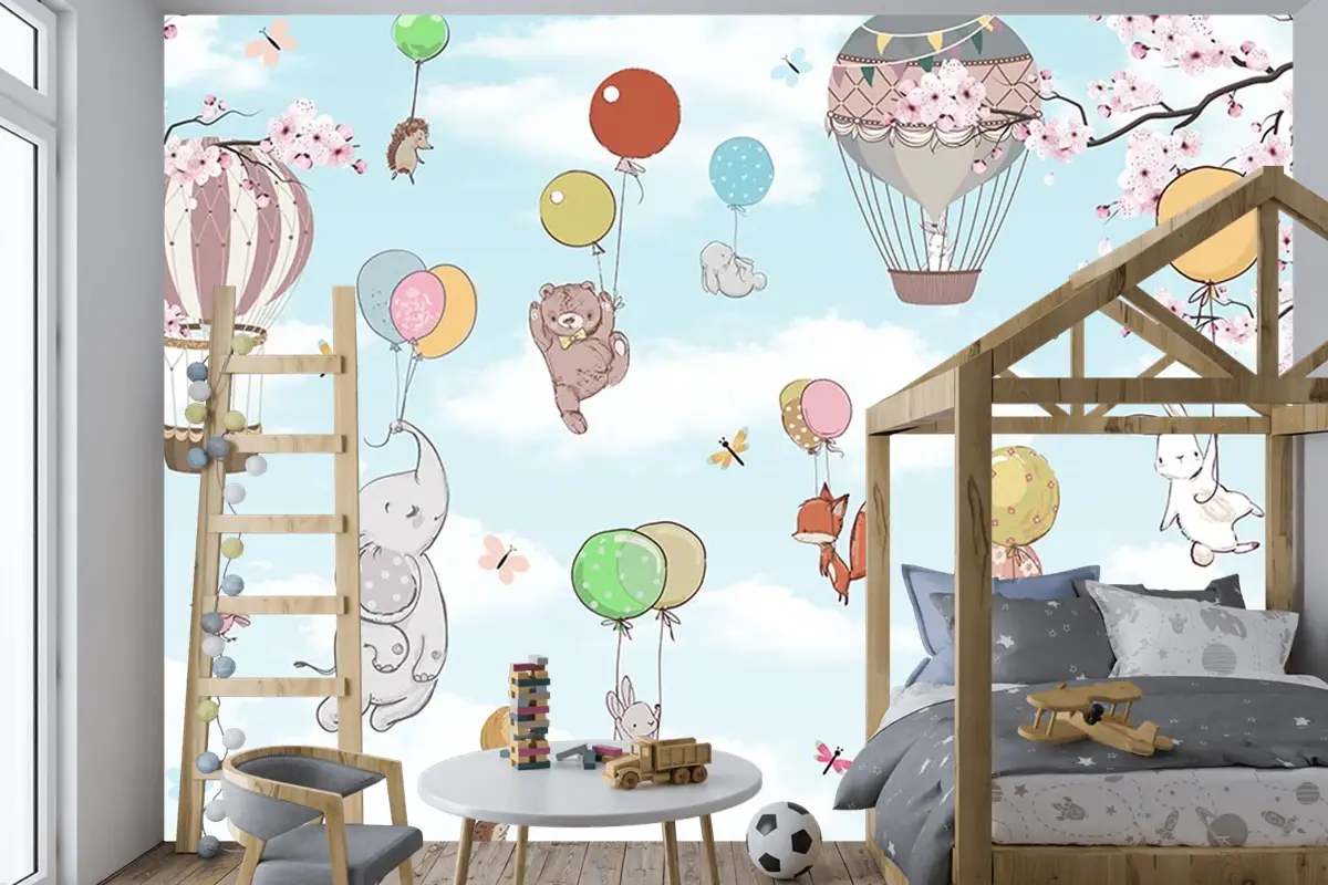 Mavi Gökyüzünde Balonlara Asılan Sevimli Hayvanlar Çocuk Odası Duvar Kağıdı