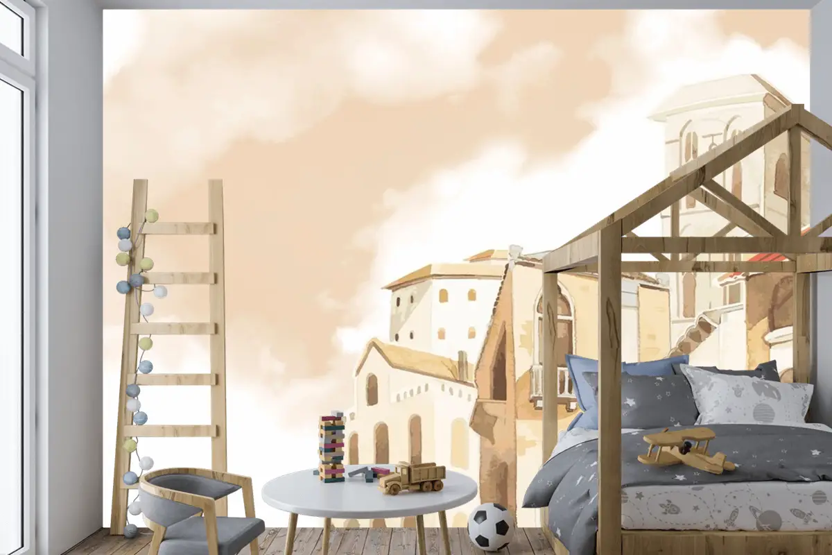 Akdeniz Şehir Binası Dış Su Renk Stili Çocuk Odası Duvar Kağıdı 