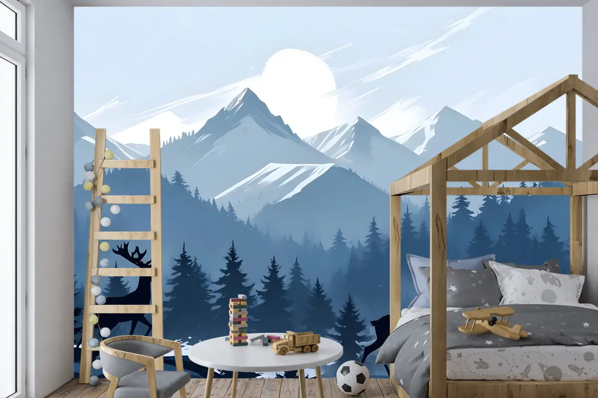 Çocuklar Için Boynuzlu Geyik Silueti Ile Tek Renkli Koyu Mavi Karlı Orman Çocuk Odası Duvar Kağıdı