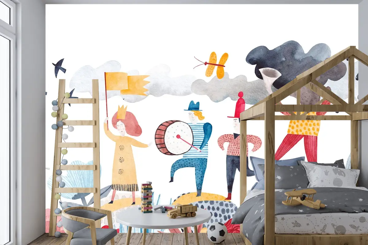 Neşeli Kortej ve Renkli Karakterler Çocuk Odası Duvar Kağıdı