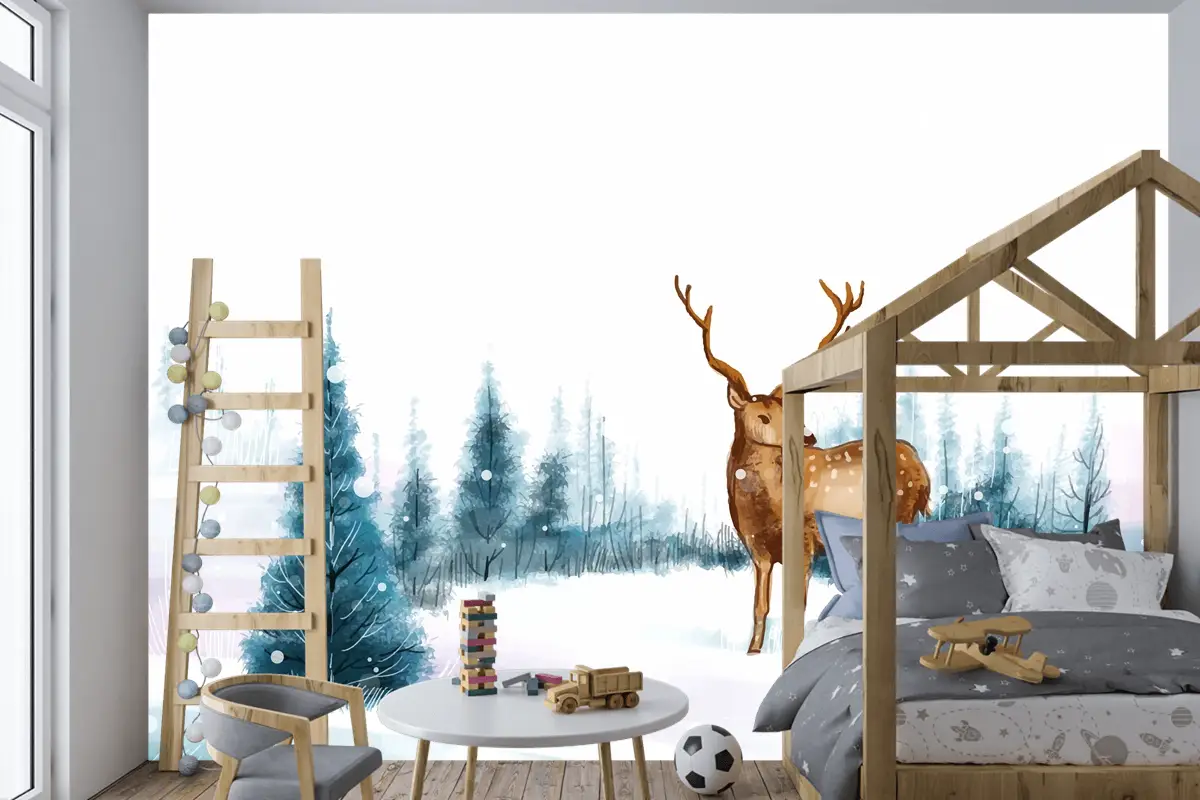 Ren Geyiği Çocuk Odası Duvar Kağıdı  Ile Yeni Yıl Ve Noel Ağacı Kış Manzarası Arka Plan