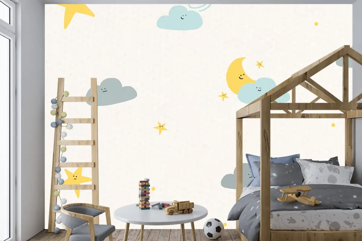 Gece Gökyüzü Dikişsiz Desen Hava Durumu Doodle Çocuk Odası Duvar Kağıdı 