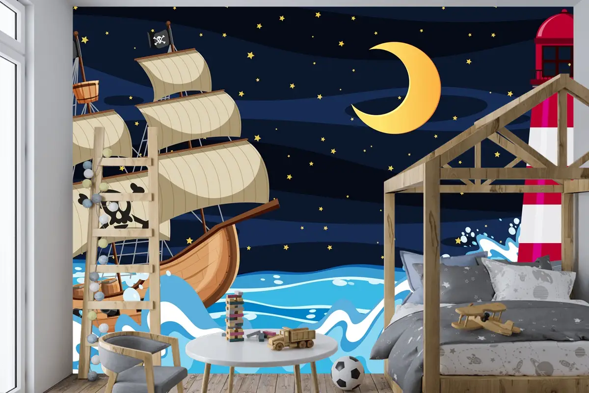 Karikatür Tarzında Korsan Gemisi Ile Gece Okyanus Sahnesi Çocuk Odası Duvar Kağıdı