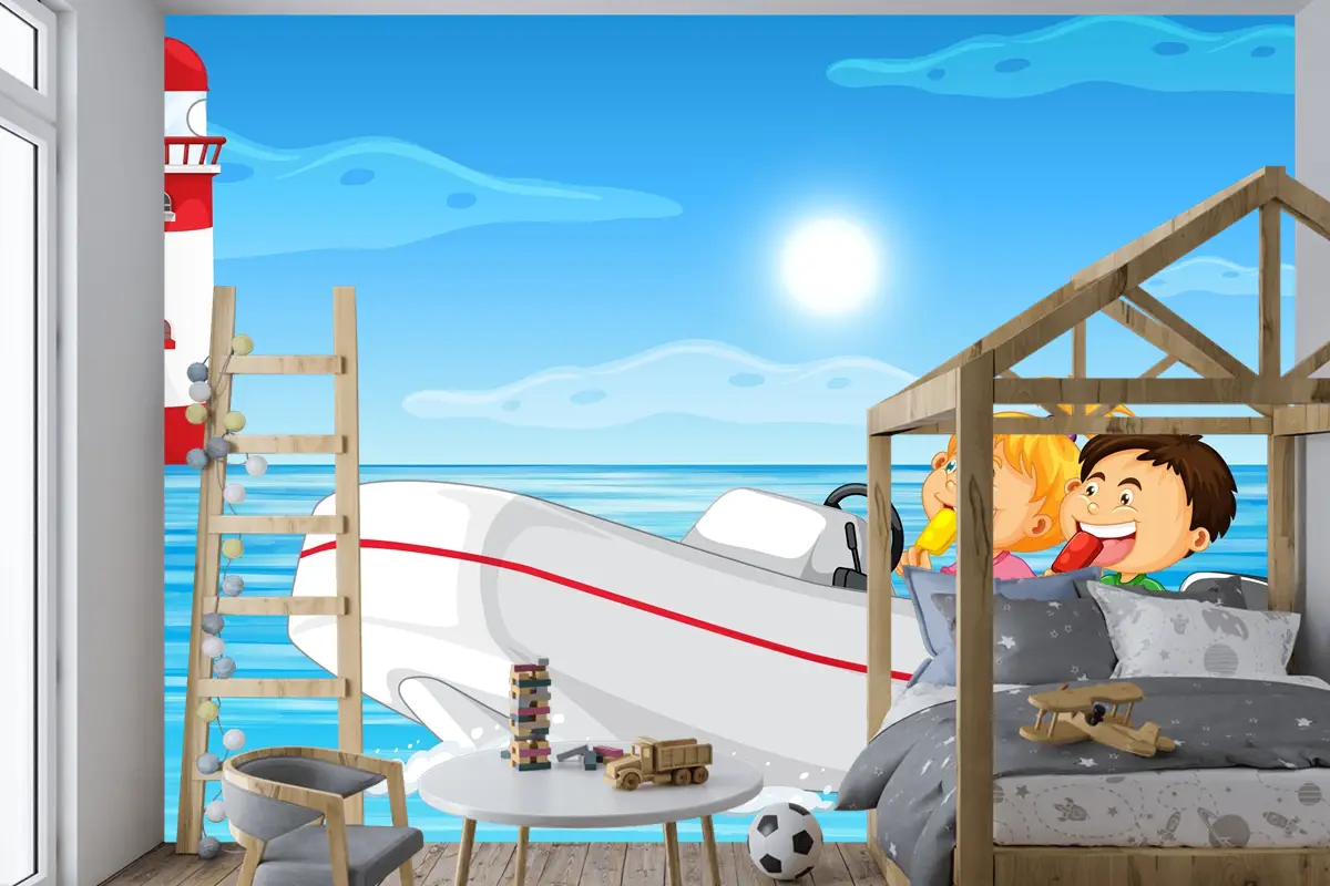 Motorlu Teknede Çocuklu Okyanus Manzarası Çocuk Odası Duvar Kağıdı