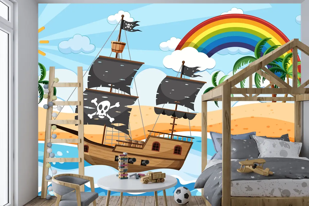 Karikatür Tarzı Çocuk Odası Duvar Kağıdı Duvarında Gündüz Sahnesinde Korsan Gemisi Ile Okyanus