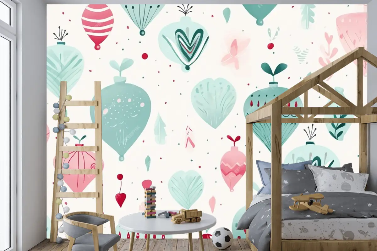 Ağaç Ve Süslerle Renkli Noel Kusursuz Deseni Modern Canlı Sonsuz Çocuk Odası Duvar Kağıdı