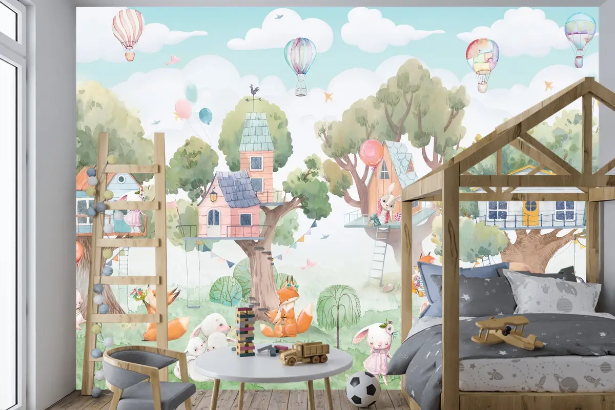 Orman Ağaçevleri ve Şenlikçi Hayvanlar Çocuk Odası Duvar Kağıdı