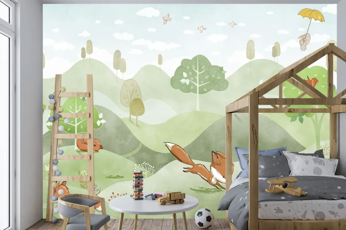 Orman Hayvanları Yeşil Orman Geyik Tilki Tavşan Bebek Odası Duvar Kağıdı