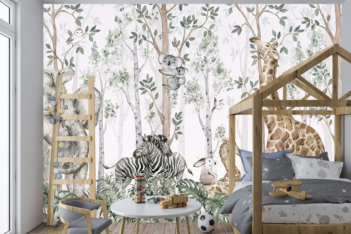 Ormanda Ağaçlar Arasında Sevimli Hayvanlar Çocuk Odası Duvar Kağıdı