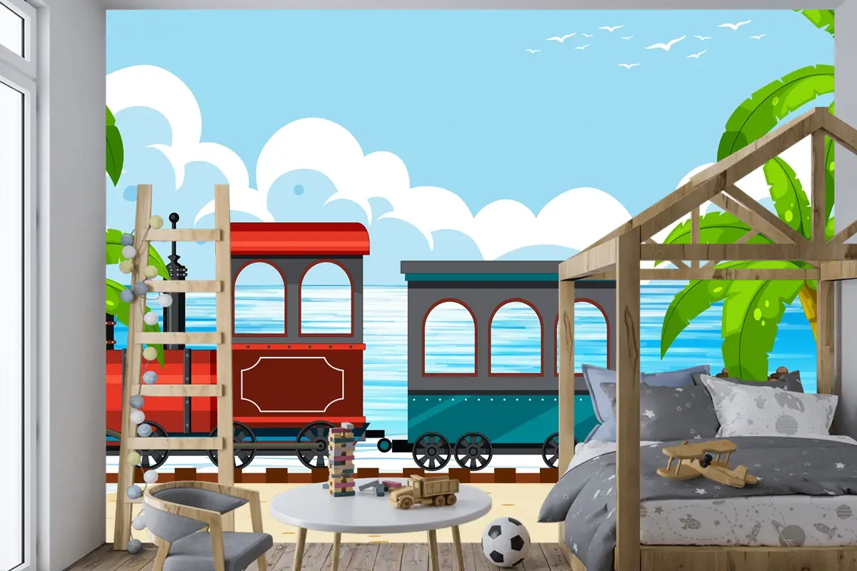 Buharlı Lokomotif Treni Boys Çocuk Odası Duvar Kağıdı  Ile Açık Hava Sahnesi