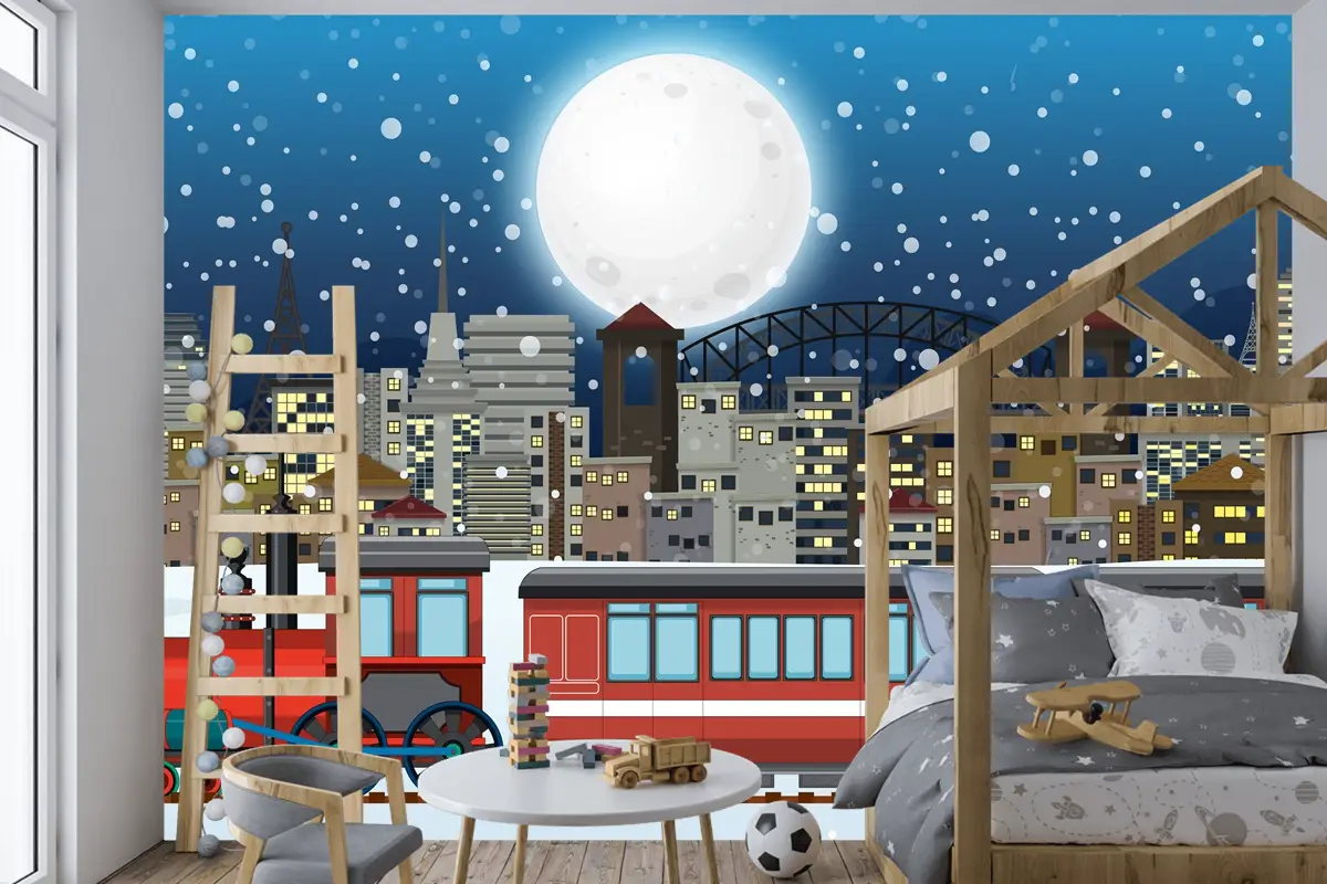 Buharlı Lokomotif Treni Ile Açık Hava Sahnesi Çocuk Odası Duvar Kağıdı