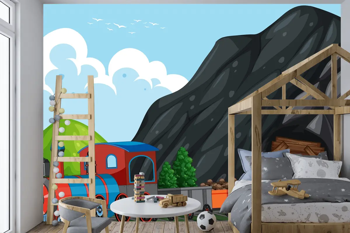 Buharlı Lokomotif Tren Çocuk Odası Duvar Kağıdı  Ile Açık Hava Sahnesi