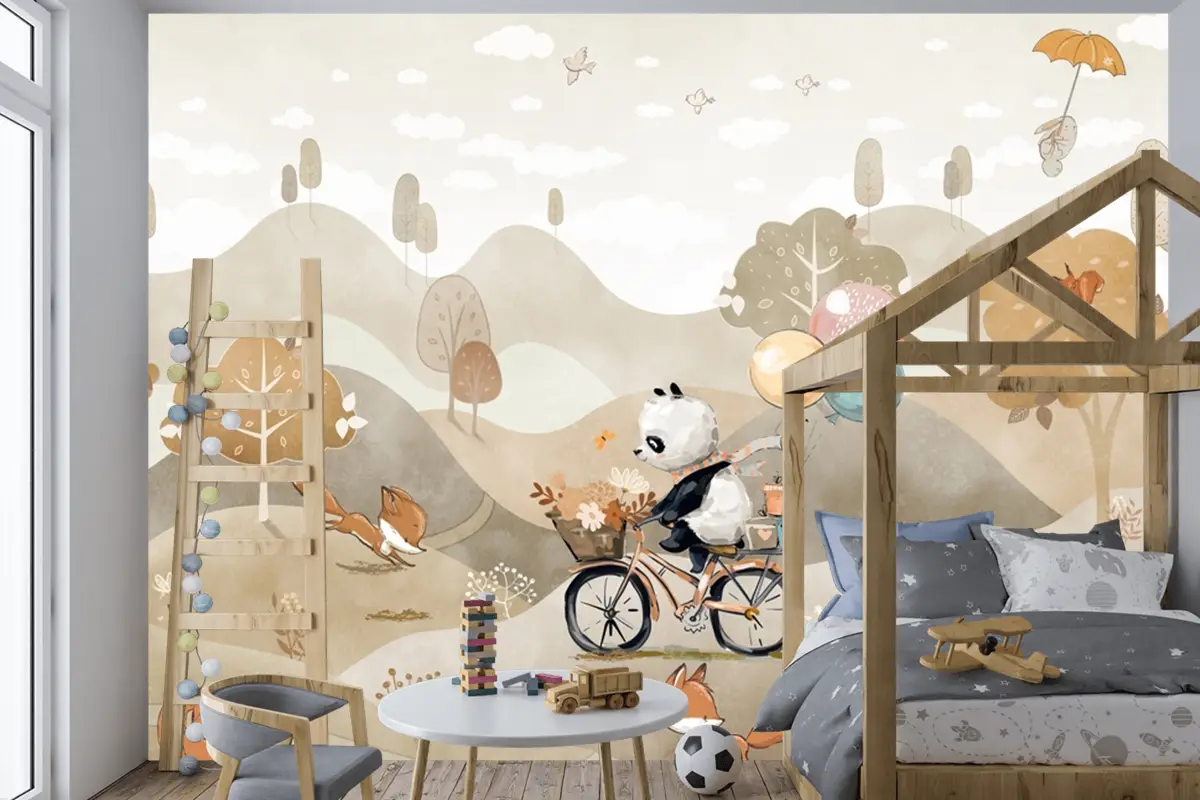 Panda Bisiklet Orman Yaban Hayatı Çocuk Odası Duvar Kağıdı
