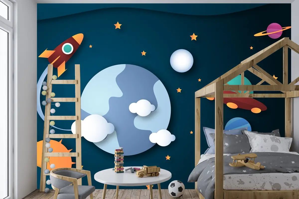 Kağıt Stili Galaxy Arka Plan Çocuk Odası Duvar Kağıdı 