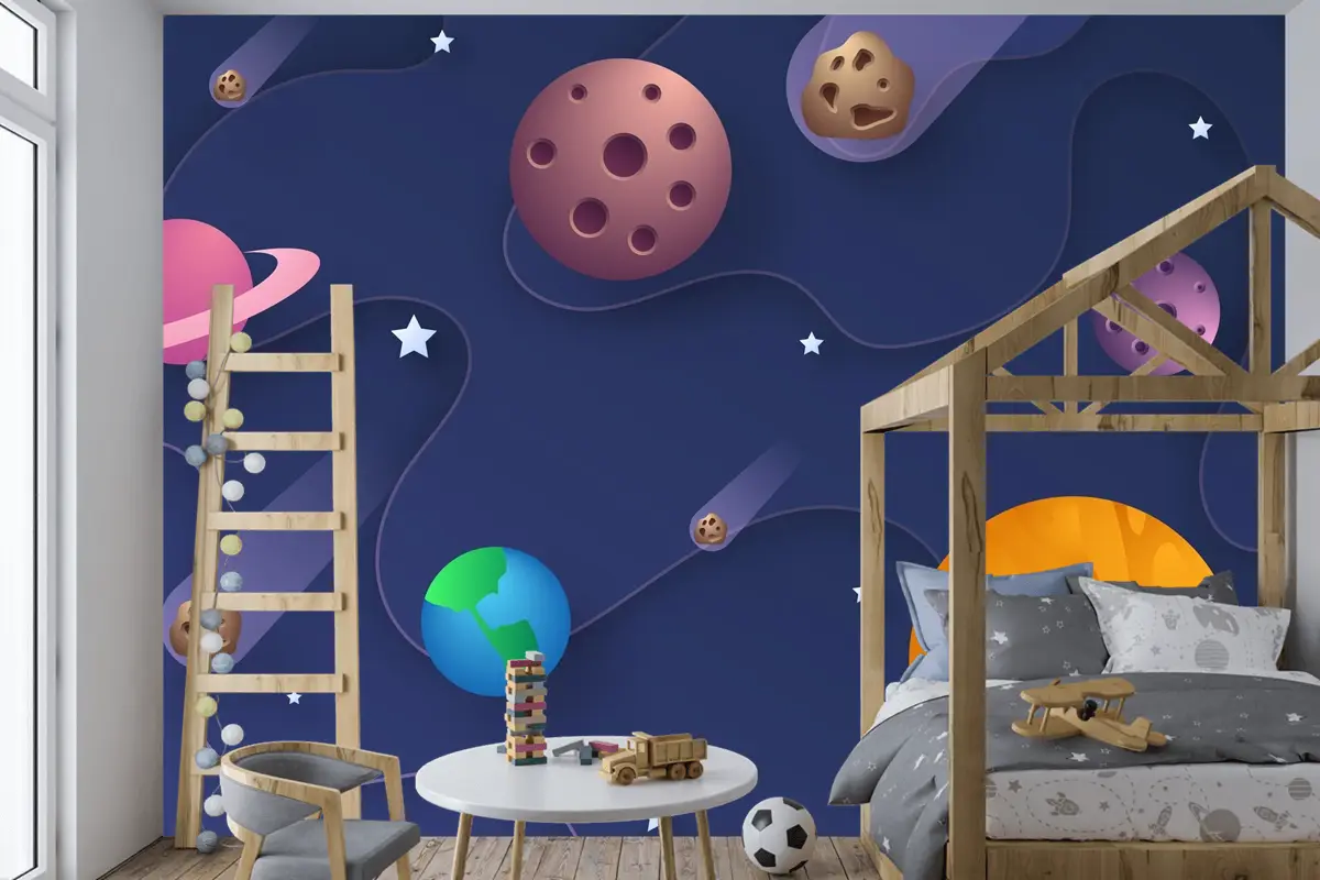 Kağıt Stili Galaxy Uzay Boys Çocuk Odası Duvar Kağıdı