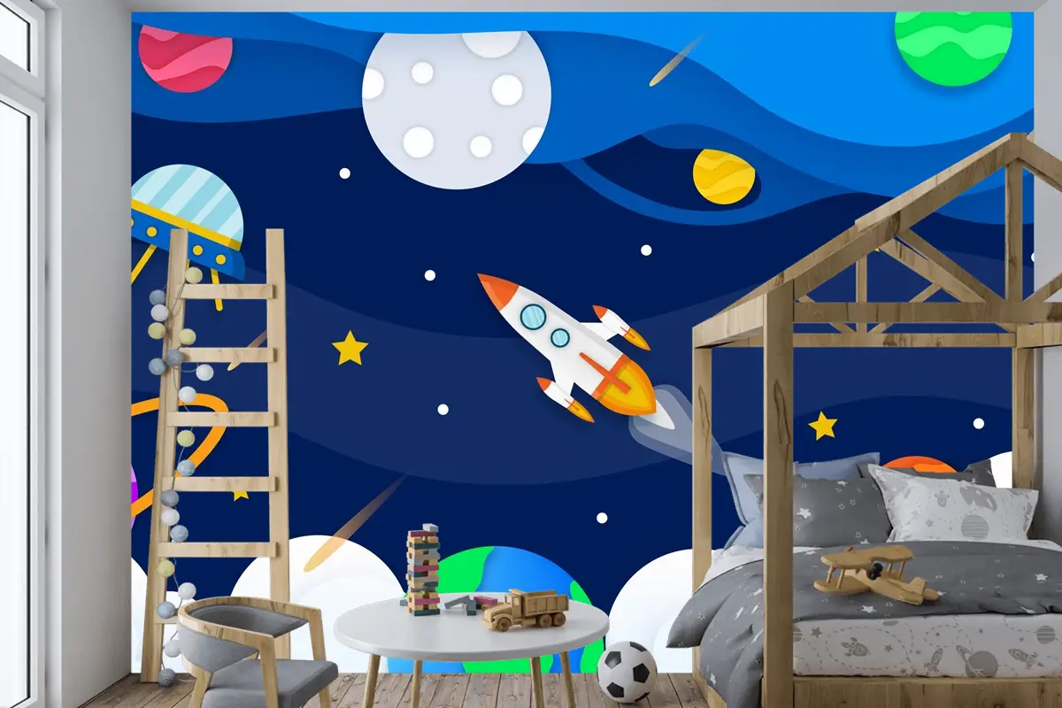 Roket Çocuk Odası Duvar Kağıdı  Ile Kağıt Tarzı Galaksi