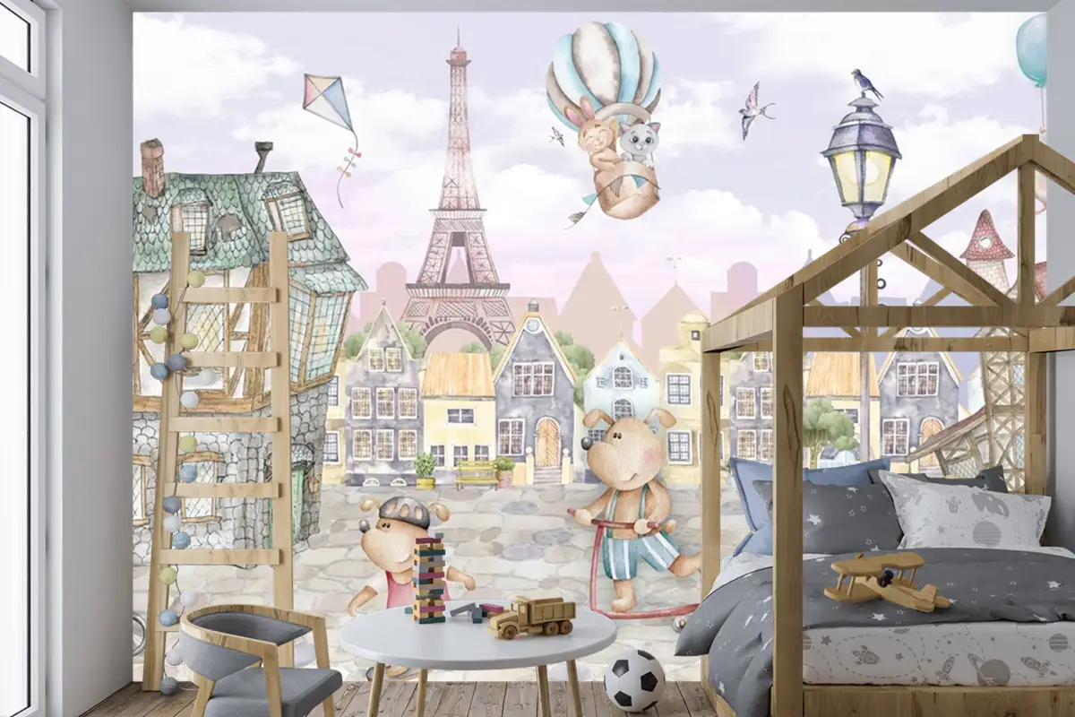 Paris Hayvanlar Retro Şehir Çocuk Odası Duvar Kağıdı