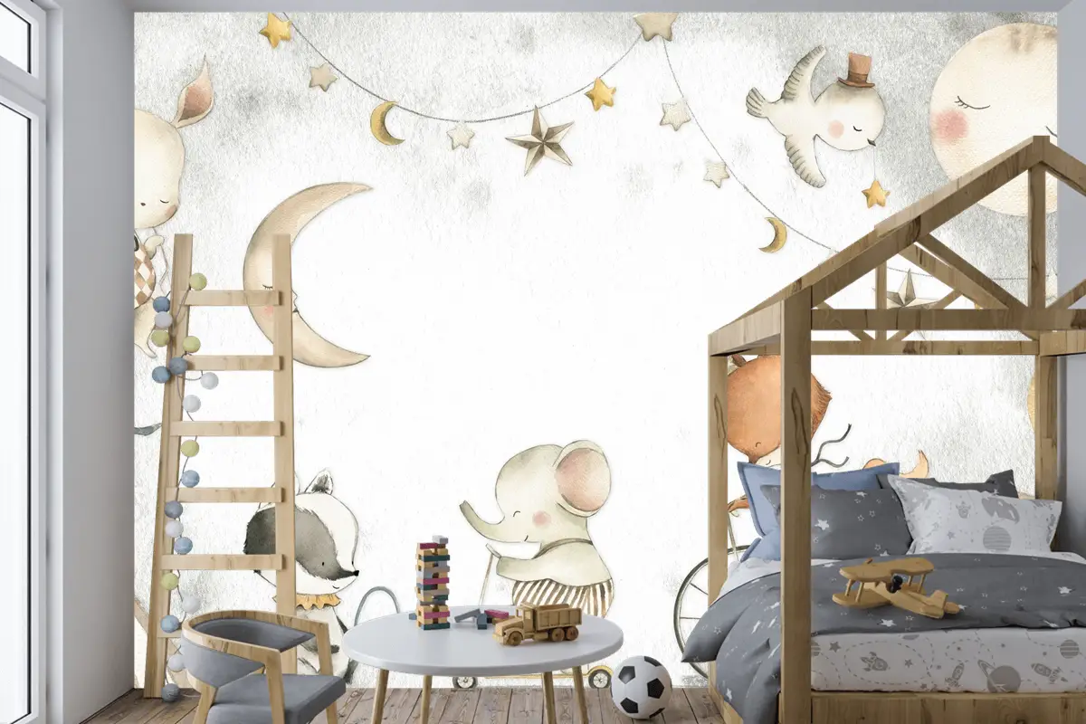 Pastel Ay, Fil ve Tilki Oyun Sahnesi Çocuk Odası Duvar Kağıdı
