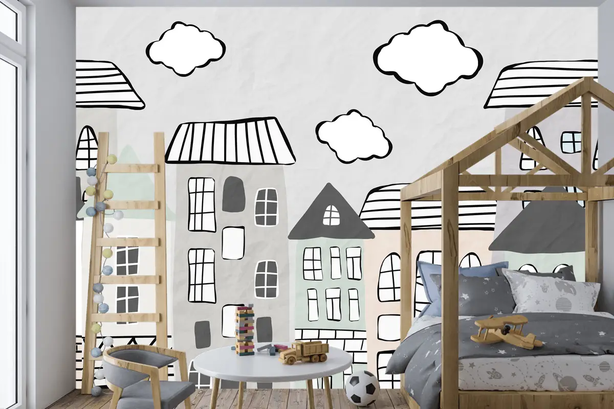 Pastel Bulutlar ve Şehir Evleri Çocuk Odası Duvar Kağıdı