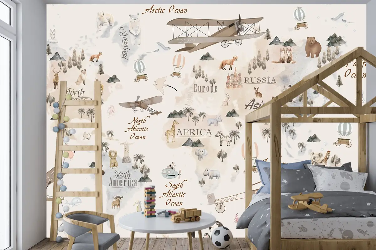 Pastel Dünya Haritası Eğitici ve Eğlenceli Çocuk Odası Duvar Kağıdı