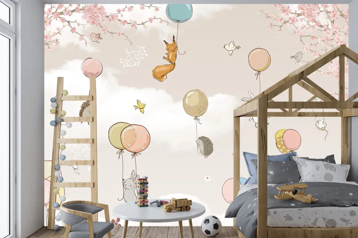 Pastel Sıcak Hava Balonları ve Orman Hayvanları Çocuk Odası Duvar Kağıdı