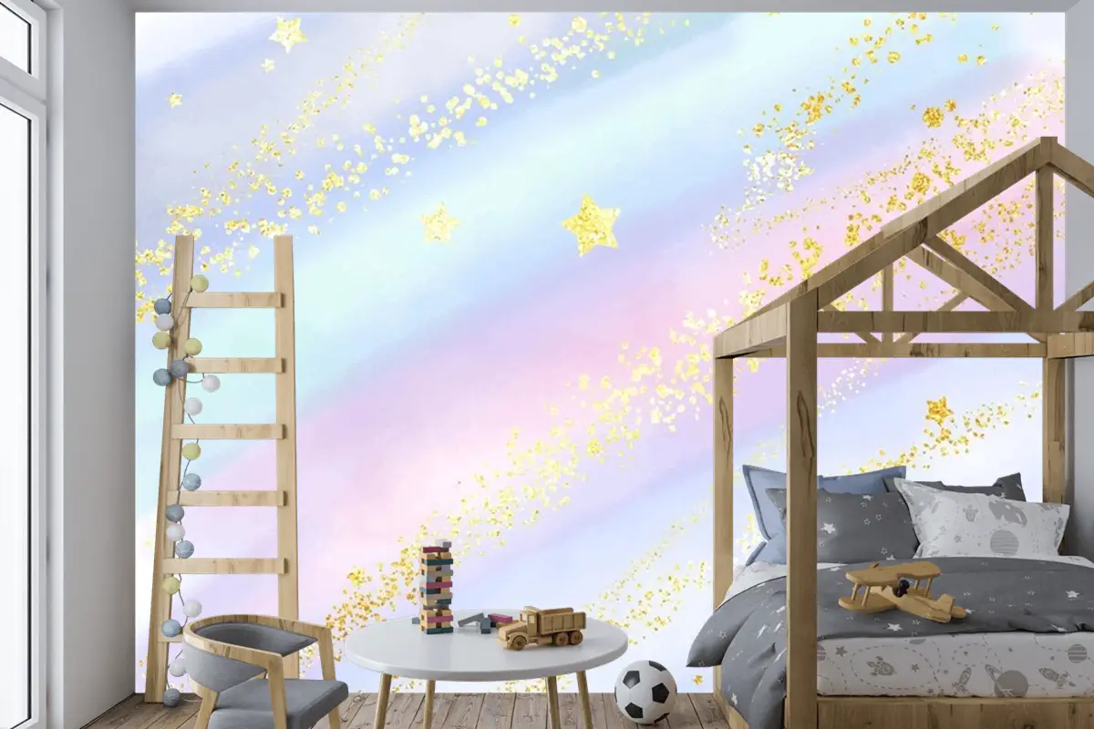 Işıltılı Altın Yıldızlar Ve Konfeti Ile Pastel Suluboya Arka Plan Çocuk Odası Duvar Kağıdı