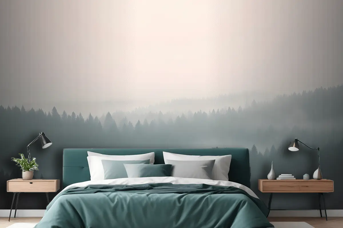 Şeftali Ve Yeşil Pastel Ombre Orman Yatak Odası Duvar Kağıdı