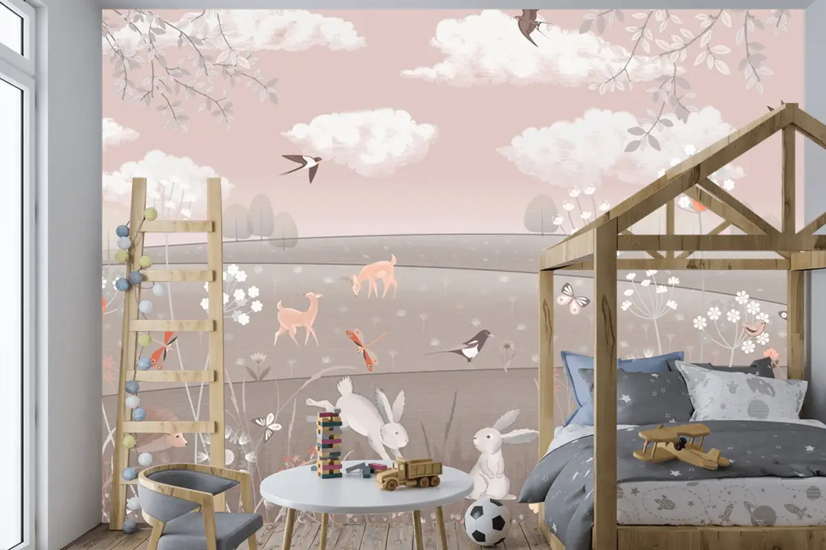 Pembe Manzara Geyik Tavşan Kuşlar Çocuk Odası Duvar Kağıdı