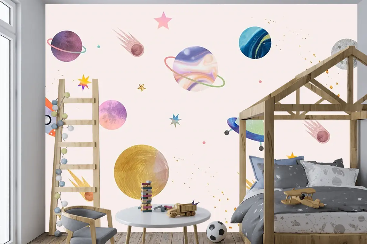 Pembe Zemin Üzerinde Gezegenler Çocuk Odası Duvar Kağıdı