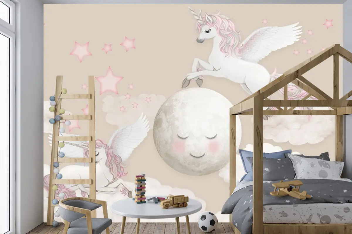 Peri At Ay Ve Bulutlar Çocuk Odası Duvar Kağıdı