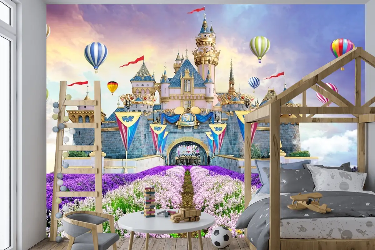 Peri Kalesi Manzara Çiçekler Sıcak Hava Balonları Çocuk Odası Duvar Kağıdı