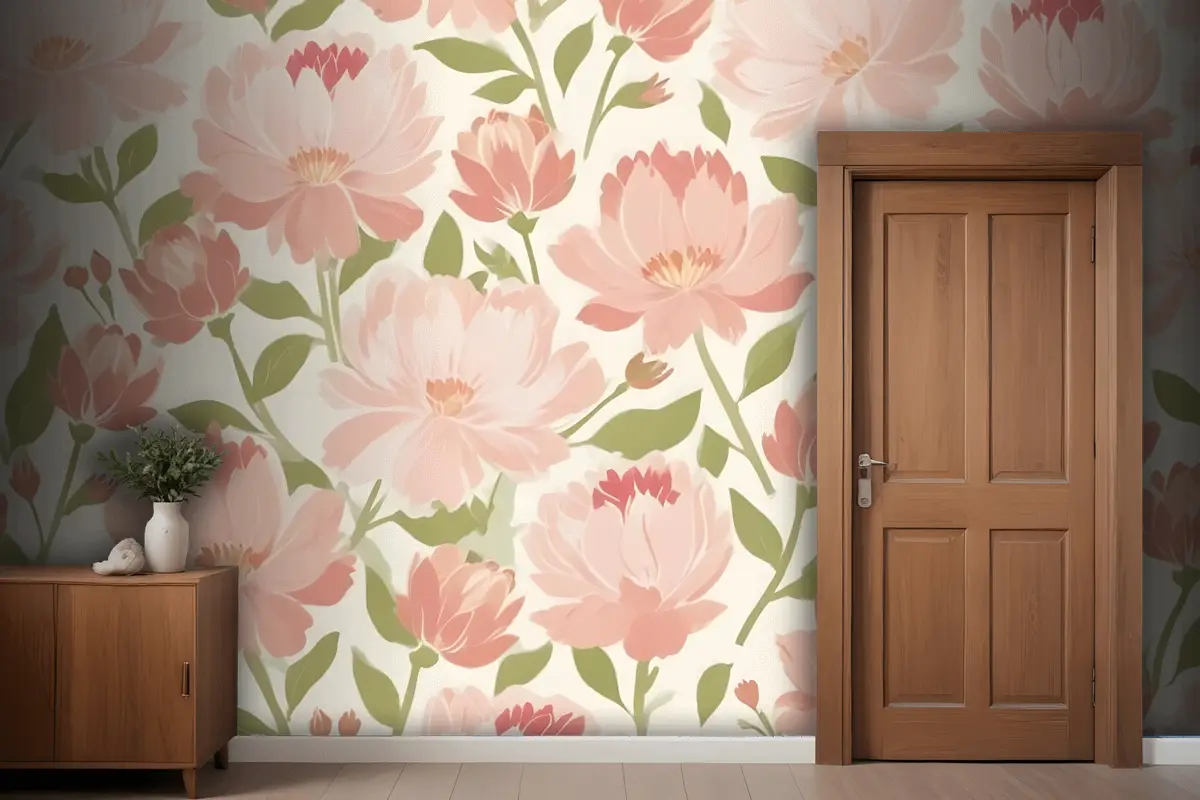 Hafif Antre  Hol  Koridor Duvar Kağıdı Duvarında Yeşil Yapraklı Pembe Ve Şeftali Çiçekleri