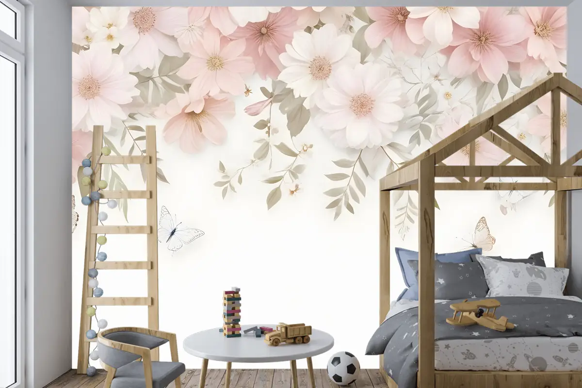 Pembe Ortanca Çiçek Sanatı Çocuk Odası Duvar Kağıdı 