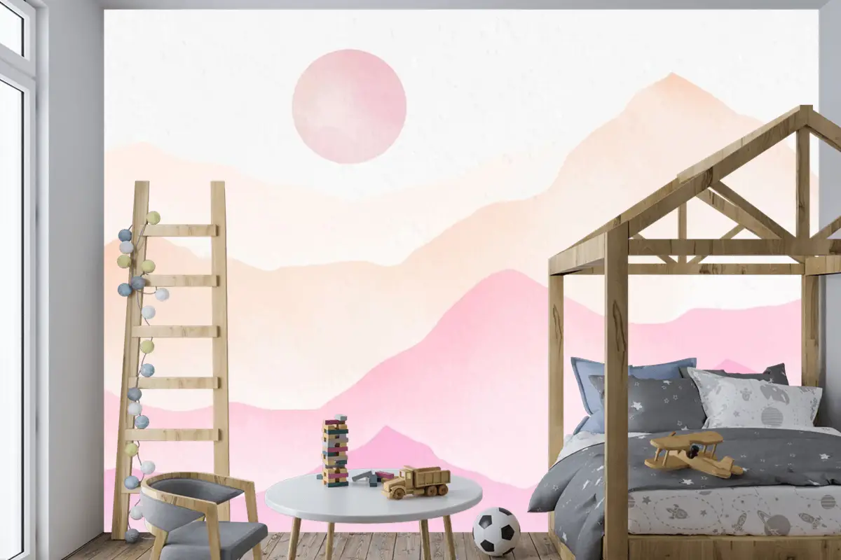 Pembe Suluboya Dağlar Arka Plan Çocuk Odası Duvar Kağıdı 
