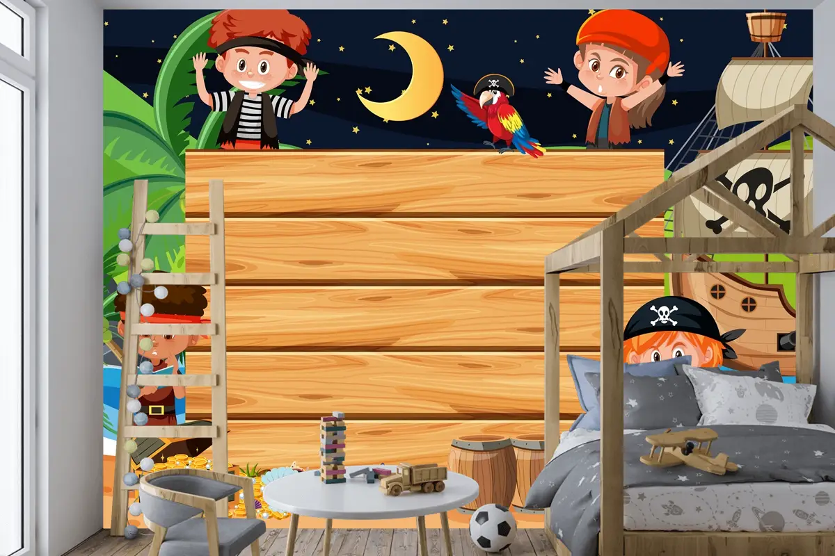 Boş Ahşap Çocuk Odası Duvar Kağıdı Yle Sahilde Gece Sahnesinde Korsan Çocuklar