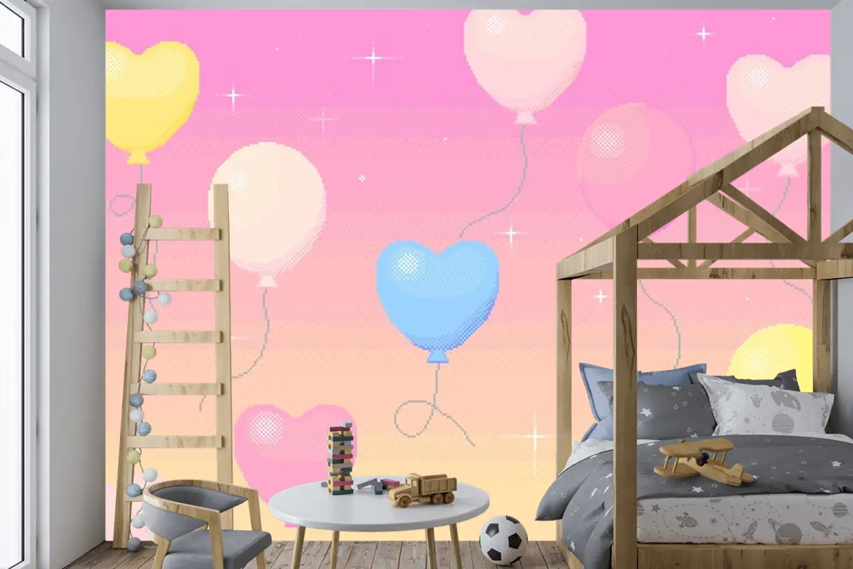 Rüya Gibi Gökyüzünde Uçan Balonların Piksel Sanat Arka Planı Çocuk Odası Duvar Kağıdı