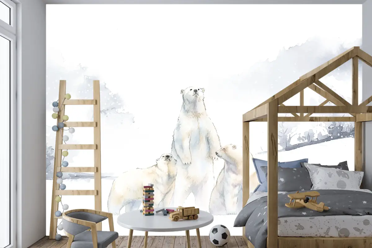 Karda Kutup Ayıları Suluboya Çocuk Odası Duvar Kağıdı 