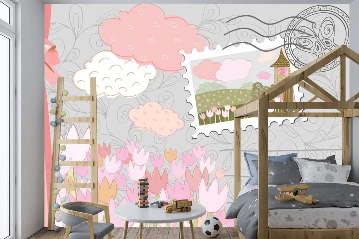 Damgalı Poster Desenli Dekoratif Şehir Çocuk Odası Duvar Kağıdı