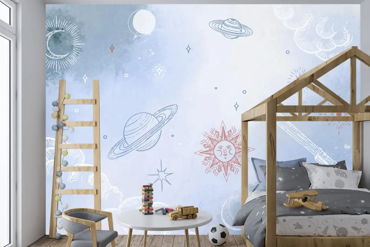 Elle Çizilmiş Öğelerle Toz Pastel Çocuk Odası Duvar Kağıdı