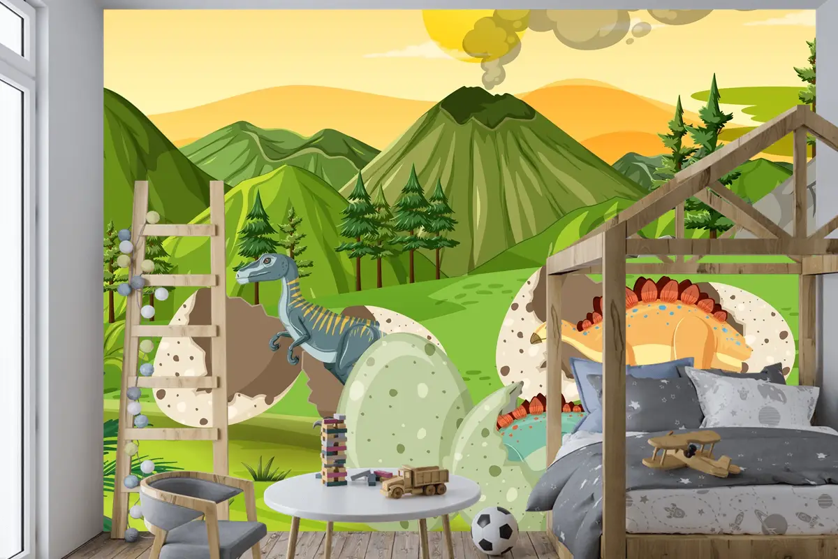 Dinozor Karikatür Çocuk Odası Duvar Kağıdı  Ile Tarih Öncesi Orman