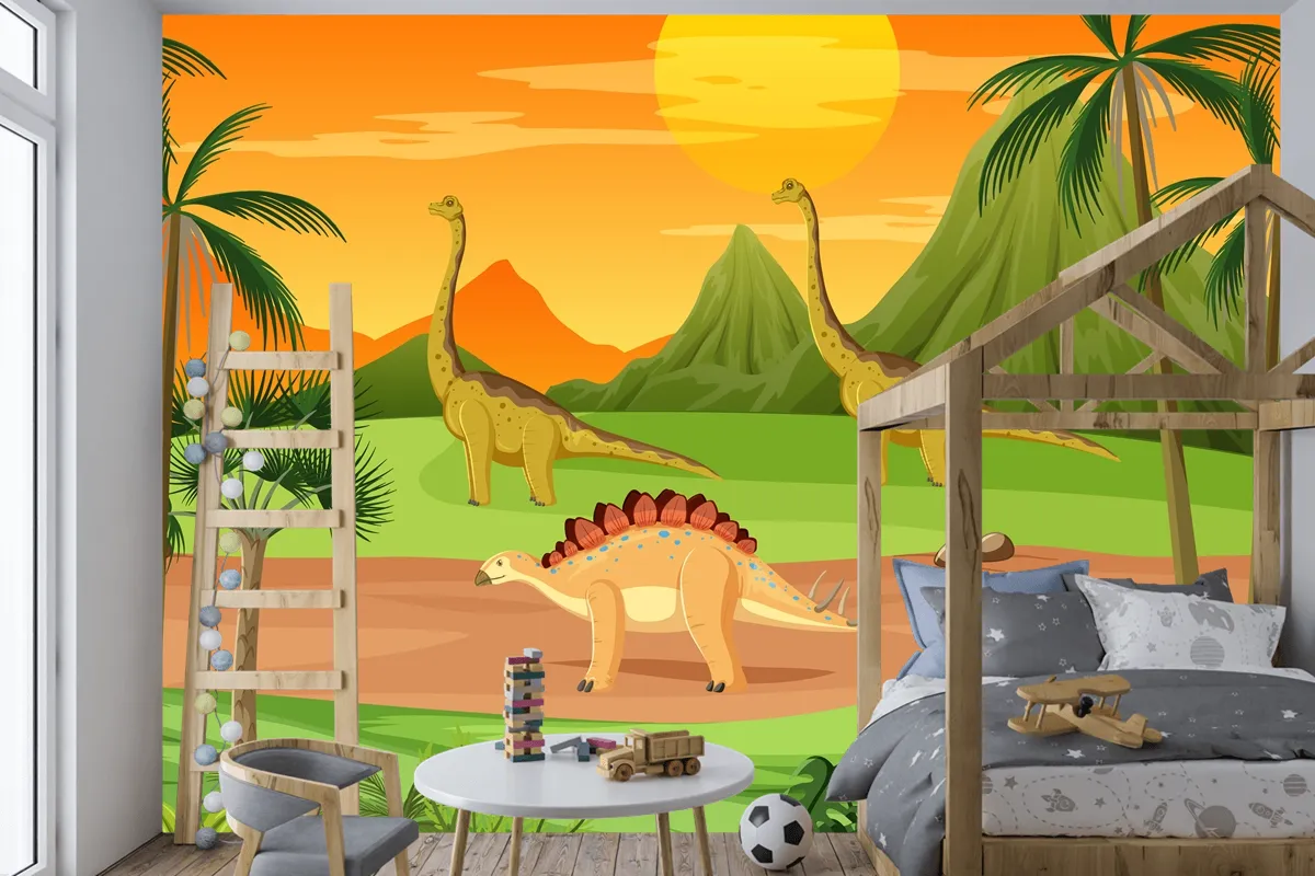 Dinozor Karikatür Çocuk Odası Duvar Kağıdı  Ile Tarih Öncesi Orman