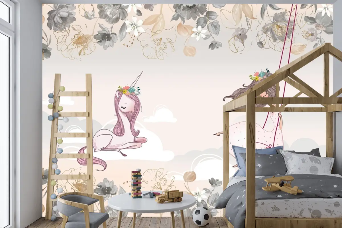 Prenses Ve Unicorn Çocuk Odası Duvar Kağıdı