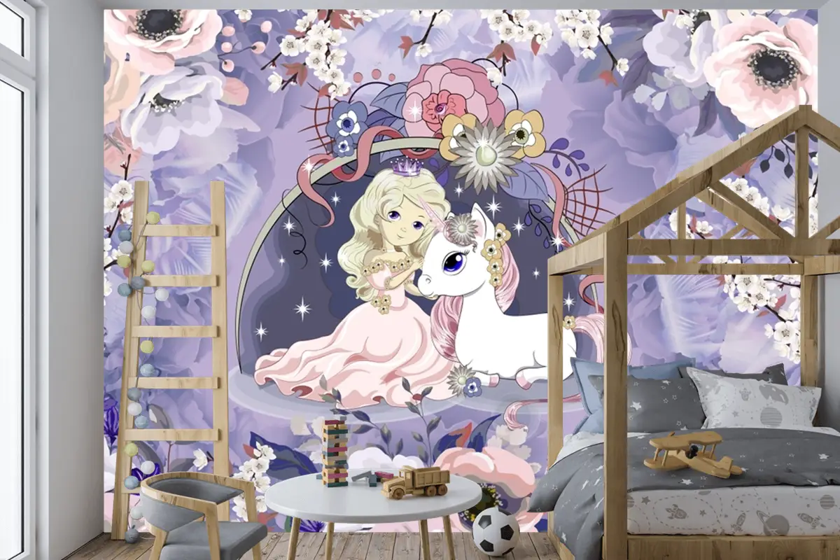Prenses Ve Unicorn Şakayık Çocuk Odası Duvar Kağıdı