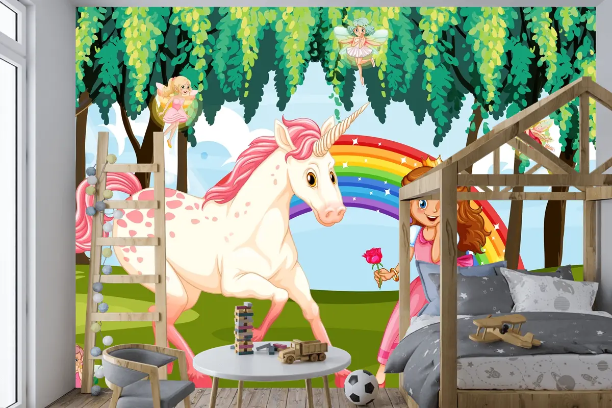 Büyülü Ormanda Prenses Ve Tek Boynuzlu At Arka Plan Çocuk Odası Duvar Kağıdı