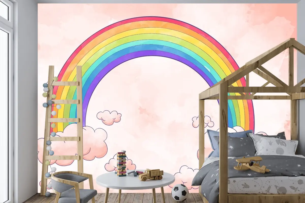 Gökkuşağı Bulutlu Suluboya Tarzı Çocuk Odası Duvar Kağıdı