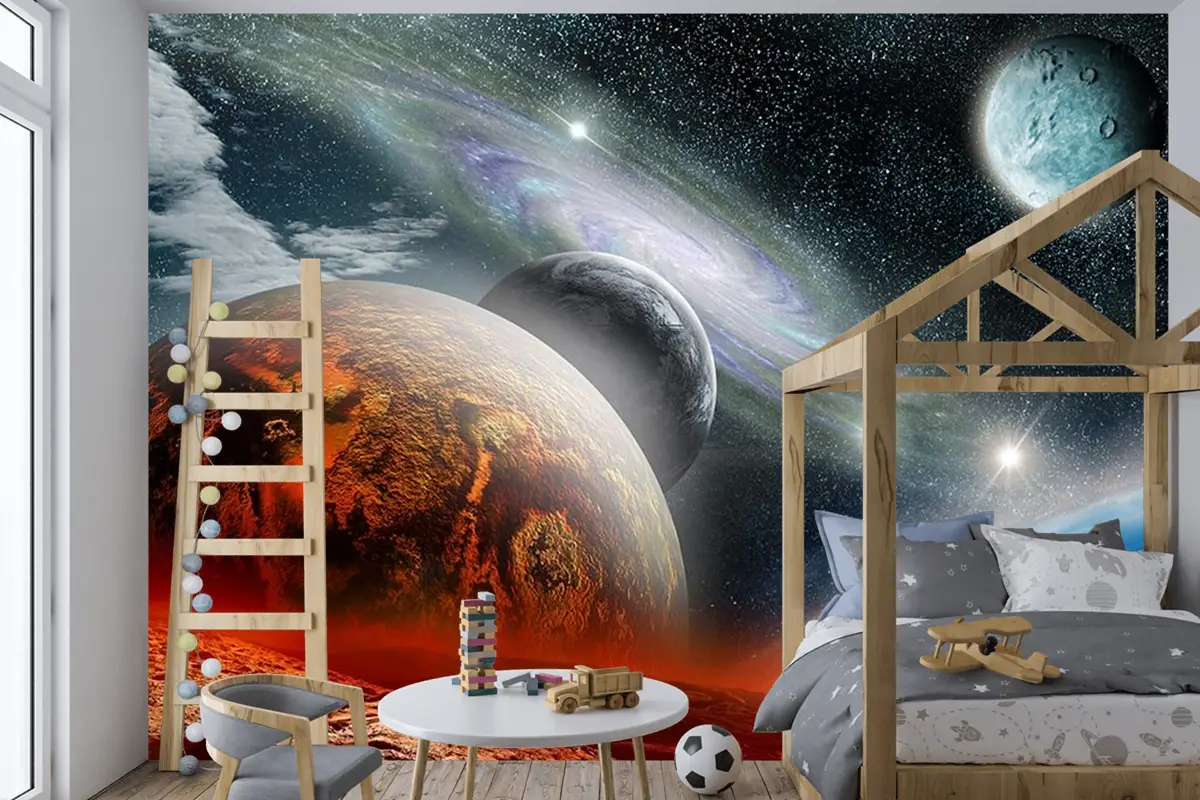 Renkli Galaksi Gezegenler Çocuk Genç Odası Çocuk Odası Duvar Kağıdı