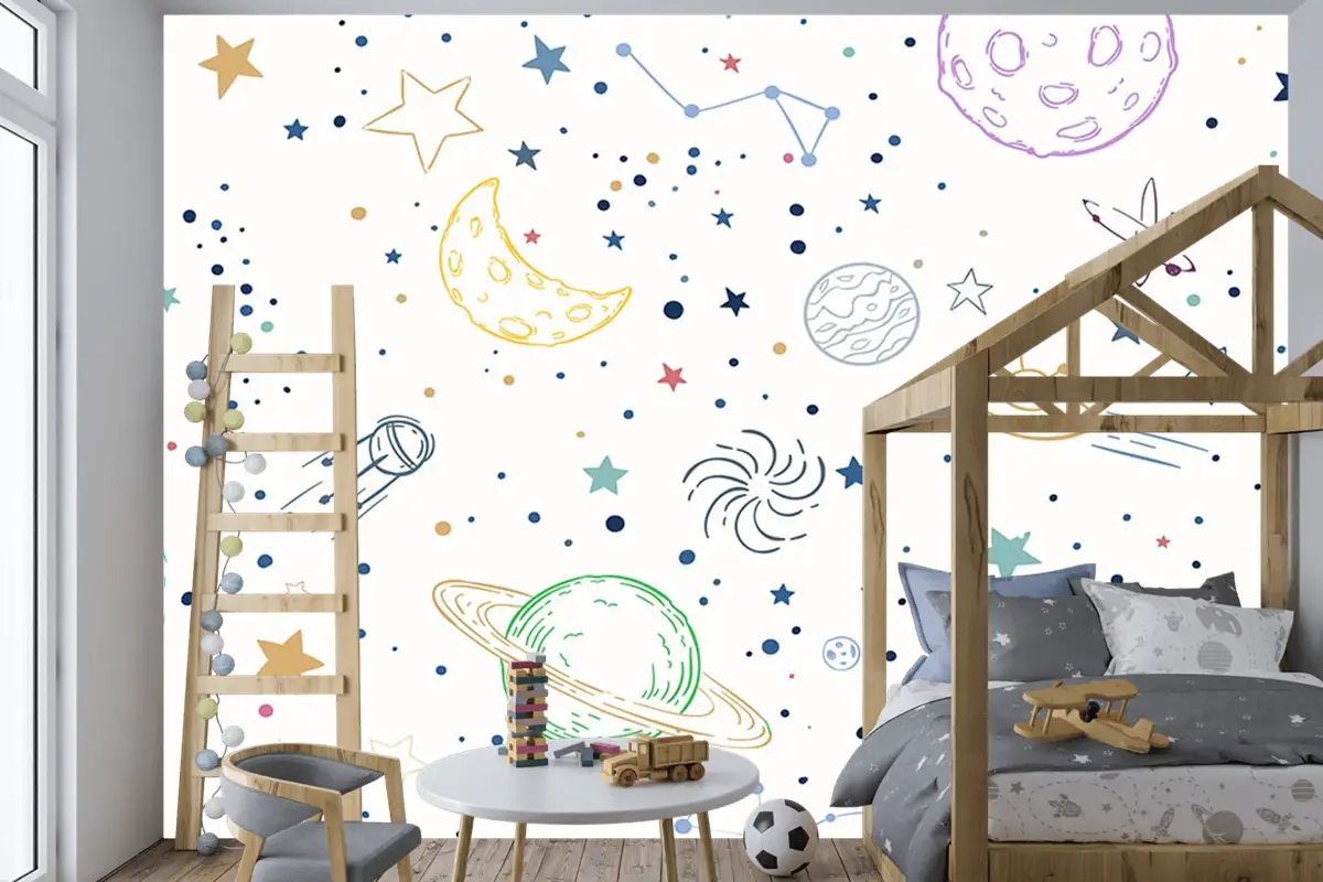 Renkli Gezegenler Uzay Temalı Çocuk Odası Duvar Kağıdı