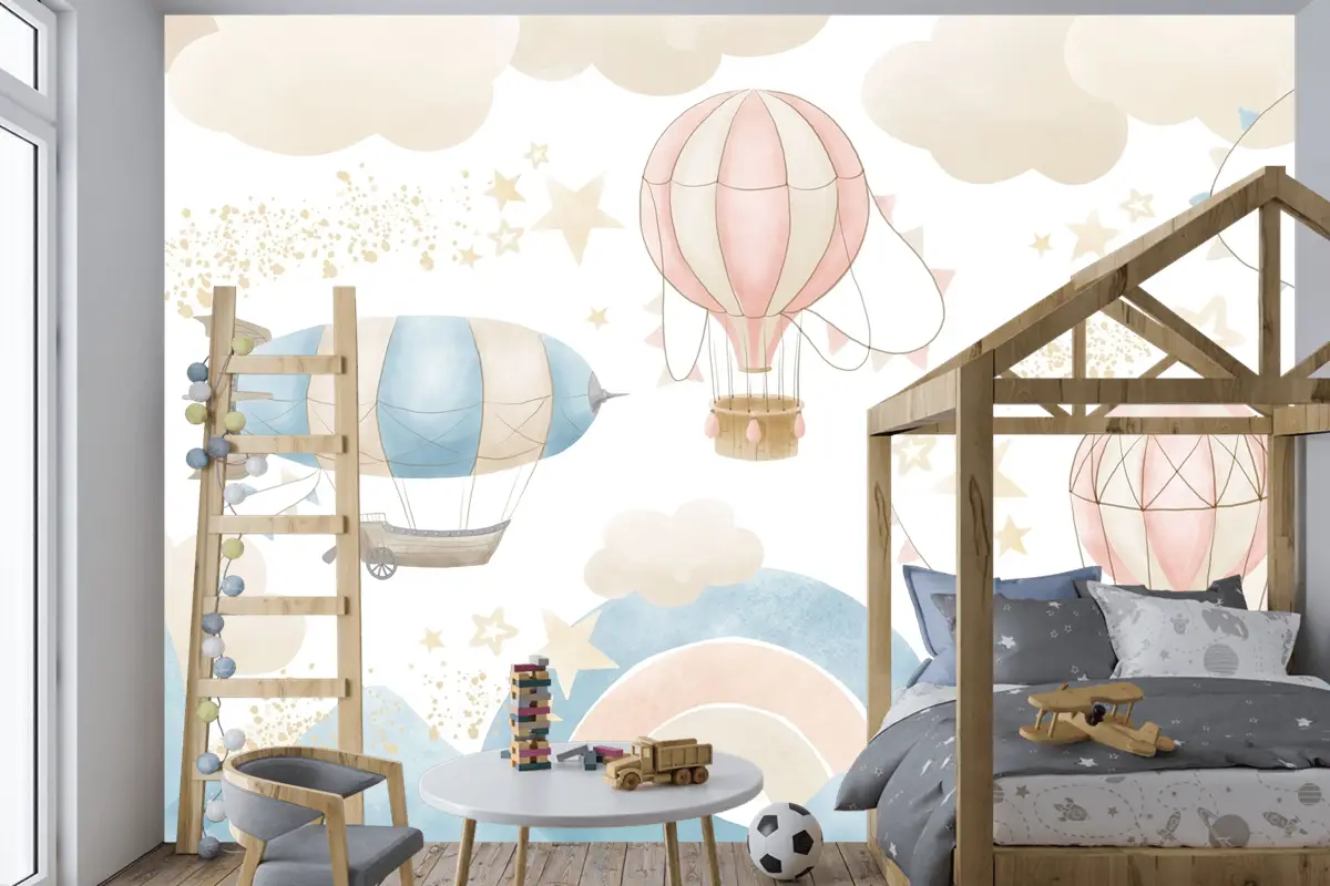 Renkli Gökyüzü ve Sıcak Hava Balonları Temalı Çocuk Odası Duvar Kağıdı