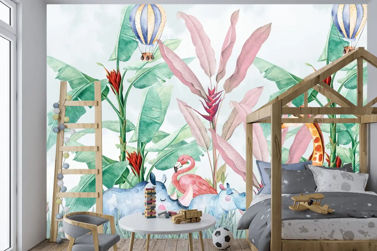Renkli Hayvanlar ve Balonlu Macera Çocuk Odası Duvar Kağıdı